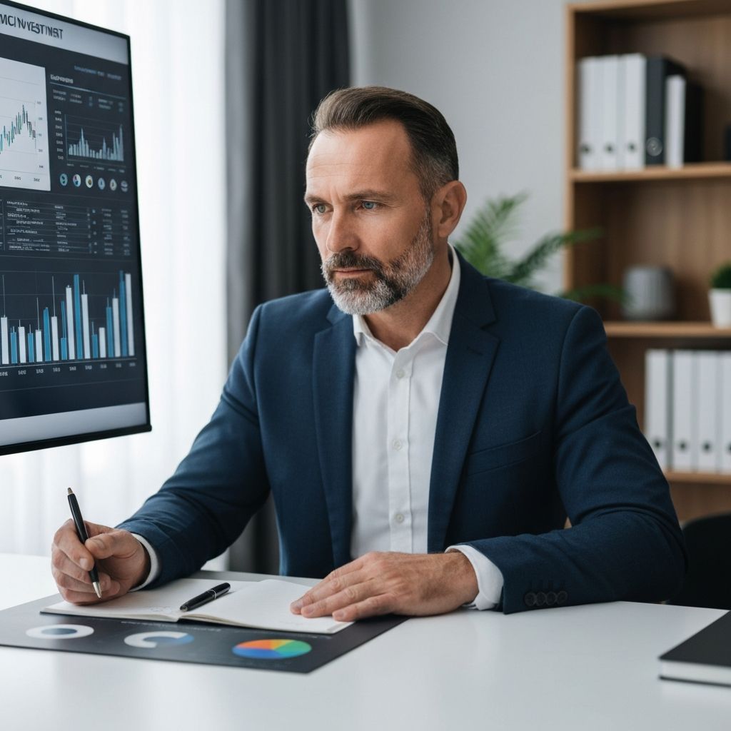Profesional maduro analizando gráficos financieros en una pantalla moderna con datos de mercado, inversión sistemática y planificación de jubilación en ambiente de oficina sofisticado