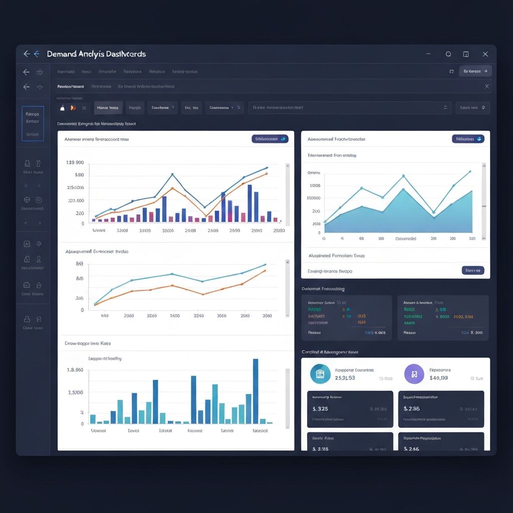Pantalla de ordenador mostrando dashboards de análisis de demanda con gráficos de tendencias de retail y e-commerce, herramientas de previsión y métricas de gestión de capital